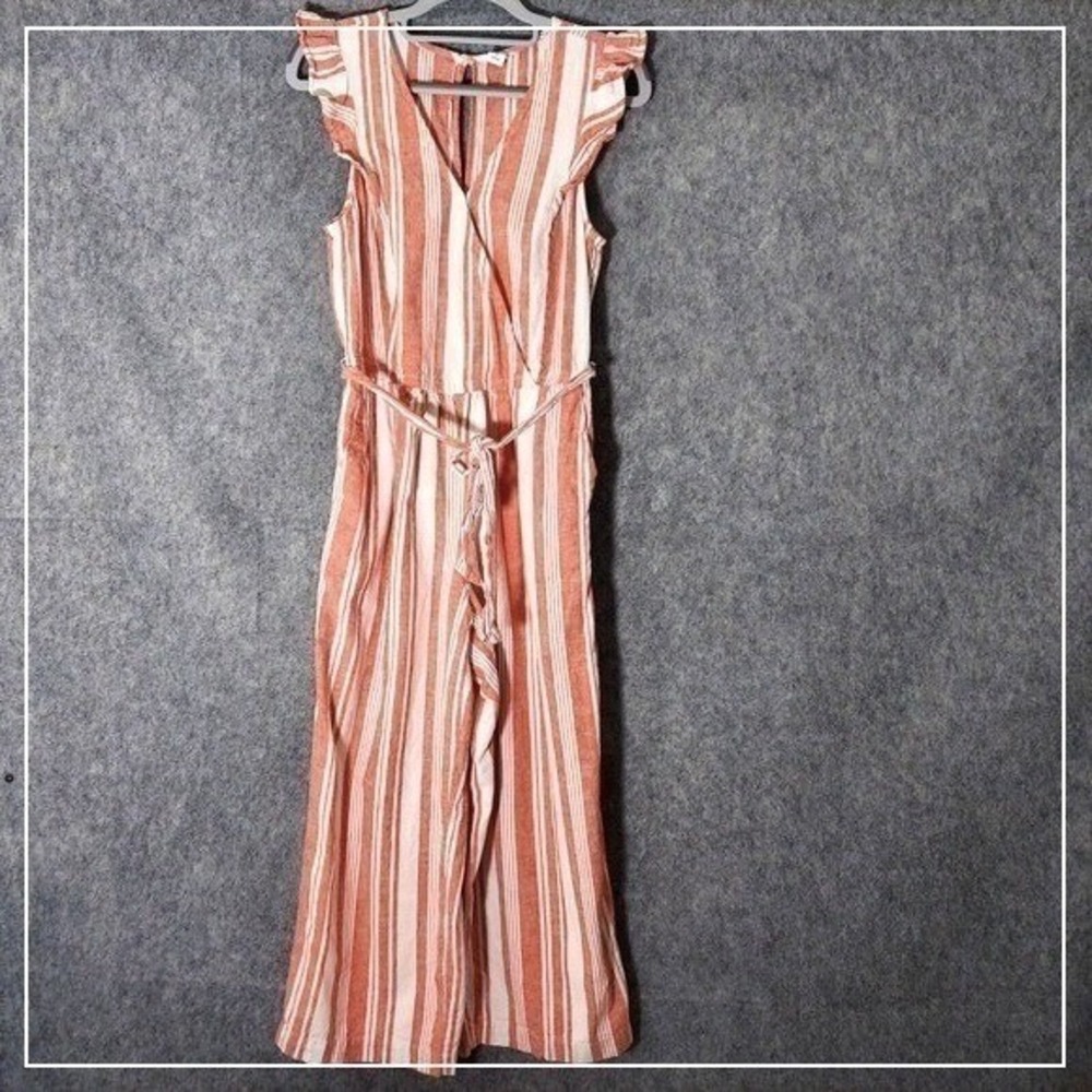 Old Navy Jumpsuit Women XS Linen Stripe Wide Leg Belted Coastal Resort Vacation